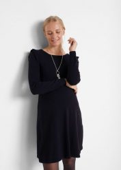 Sukienka ciążowa z miękkiej dzianiny. Czarne sukienki bonprix, bez wzorów, z dzianiny, eleganckie, bez kołnierzyka, moda ciążowa, bez ramiączek. Za 129.99 zł.