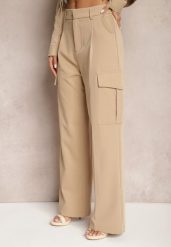 Beżowe Szerokie Spodnie High Waist w Eleganckim Stylu z Kieszeniami Cargo Dekanna. Brązowe jeansy Renee, l, bez wzorów, z jeansu, biznesowe, z podwyższonym stanem, długie. W wyprzedaży za 111.99 zł.
