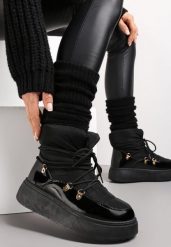 Czarne Wsuwane Śniegowce Ocieplone z Ozdobnym Wiązaniem Wokół Cholewki na Platformie Bebrra. Czarne śniegowce Renee, bez wzorów, bez zapięcia. Za 69.99 zł.