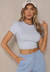 Jasnoniebieski T-shirt z Bawełny z Prążkowanego Materiału Aszedi. Niebieskie t-shirty Renee, m, bez wzorów, z bawełny, klasyczne, bez kołnierzyka, bez ramiączek. W wyprzedaży za 23.99 zł.