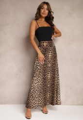 Brązowa Rozkloszowana Spódnica w Panterkę High Waist z Marszczeniem w Pasie Nolisea. Brązowe spódnice Renee, m, bez wzorów, z materiału, maxi, rozkloszowane. W wyprzedaży za 83.99 zł.