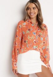 Pomarańczowa Koszula z Transparentnej Tkaniny w Kwiaty Brumelia. Brązowe koszule Born2be, l, bez wzorów, z jeansu, eleganckie, bez kołnierzyka, bez ramiączek. Za 79.99 zł.