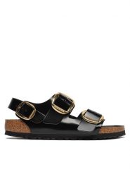 Birkenstock Sandały Milano 1024211 Czarny. Czarne sandały Birkenstock, bez wzorów, ze skóry, bez obcasa, na płaskiej podeszwie, bez zapięcia. Za 709.47 zł.