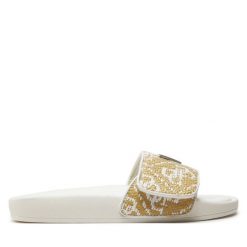Klapki Guess. Brązowe klapki Guess, z aplikacjami, bez obcasa, bez zapięcia. Za 259.99 zł.