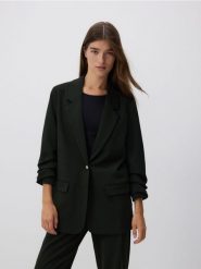 Marynarka z marszczonymi rękawami - morski. Zielone marynarki i żakiety Reserved, l, bez wzorów, z tkaniny, bez ramiączek. W wyprzedaży za 99.99 zł.