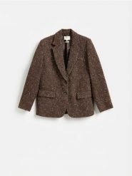 Marynarka z wełną - ciemnobrązowy. Brązowe marynarki i żakiety Reserved, l, bez wzorów, z bawełny, bez ramiączek. Za 359.99 zł.