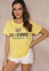 Żółty T-shirt z Napisem Nifies. Żółte t-shirty Renee, m, z aplikacjami, bez kołnierzyka, bez ramiączek. W wyprzedaży za 48.99 zł.