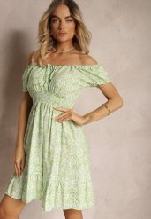 Jasnozielona Hiszpanka Sukienka Wiskozowa z Materiałowym Paskiem i Gumką w Pasie z Falbanką Tiamarosa. Zielone sukienki Renee, l, bez wzorów, z materiału, bez kołnierzyka, bez ramiączek, mini. W wyprzedaży za 47.99 zł.