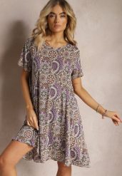 Fioletowo-Żółta Krótka Sukienka w Stylu Boho z Elastycznej Wiskozy z Krótkimi Rękawami Ailoni. Fioletowe sukienki Renee, l, bez wzorów, z wiskozy, boho, bez kołnierzyka, bez ramiączek, mini. W wyprzedaży za 43.99 zł.