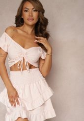 Jasnoróżowy Komplet z Bawełną Spódnica z Gumką w Talii i Falbanką Bluzka Typu Hiszpanka Testalani. Czerwone bluzki Renee, l, bez wzorów, z bawełny, eleganckie, bez kołnierzyka, bez ramiączek. W wyprzedaży za 39.99 zł.