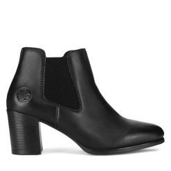 Botki Rieker. Czarne botki Rieker, bez wzorów, bez obcasa, na słupku, bez zapięcia. Za 299.99 zł.
