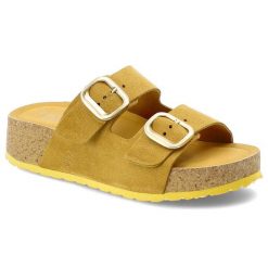 Klapki damskie Yokono, cholewka ze skóry naturalnej zamszowej dwa szerokie paski z regulacją na platformie, żółte, Lanka-003 Ser Mostaza. Żółte klapki Yokono, bez wzorów, ze skóry, bez obcasa, na platformie, bez zapięcia. Za 249.00 zł.