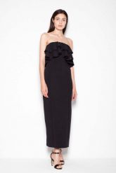 Czarna Sukienka Długa Elegancka z Falbankami. Czarne sukienki Venaton, l, bez wzorów, z elastanu, eleganckie, bez kołnierzyka, bez ramiączek, maxi. Za 299.00 zł.