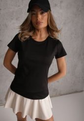 Czarny Klasyczny T-shirt o Gładkim Wykończeniu Rhethine. Czarne t-shirty Renee, l, bez wzorów, z jeansu, klasyczne, bez kołnierzyka, bez ramiączek. Za 39.99 zł.