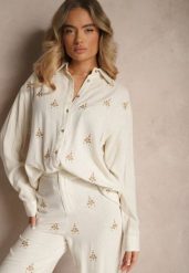 Biało-Beżowa Koszula Boho z Wiskozy i Lnu z Ozdobnym Hafem Arliena. Białe koszule Renee, bez wzorów, z jeansu, boho, bez kołnierzyka, bez ramiączek. W wyprzedaży za 83.99 zł.
