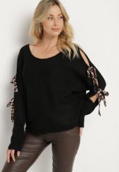 Czarny Sweter z Moherem o Nietoperzowym Kroju z Ozdobnymi Wiązaniami w Panterkę Semiri. Czarne swetry Born2be, s, bez wzorów, z jeansu, eleganckie, bez ramiączek. W wyprzedaży za 67.99 zł.