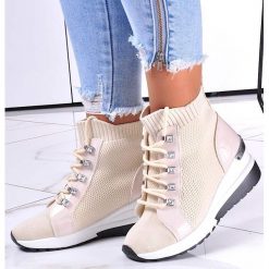 Sznurowane damskie beżowe buty sportowe /B2-3 12234 T492/ 39. Brązowe buty sportowe lifestyle Pantofelek24, bez wzorów, sportowe, bez zapięcia. Za 89.90 zł.