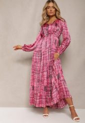 Fuksjowa Plisowana Sukienka Maxi Ozdobiona Wzorem w Tweedowym Stylu Juvioa. Czerwone sukienki Renee, l, bez wzorów, z materiału, bez kołnierzyka, bez ramiączek, maxi. W wyprzedaży za 127.99 zł.
