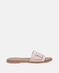 RÓŻOWE KLAPKI Z KLAMRĄ MRZ00079 PINK. Czerwone klapki Venezia, bez wzorów, ze skóry, bez obcasa, bez zapięcia. Za 239.00 zł.