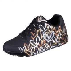 Buty do chodzenia sneakersy damskie Skechers Uno-Metallic Love. Czarne buty treningowe Skechers, bez wzorów, z materiału, przed kostkę, bez zapięcia, trekkingowe. Za 454.00 zł.