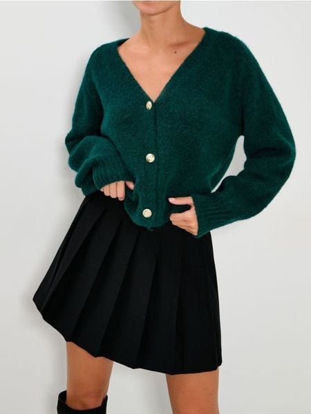 Rozpinany sweter na guziki - zielony. Zielone swetry Sinsay, l, bez wzorów, bez ramiączek. Za 69.99 zł.