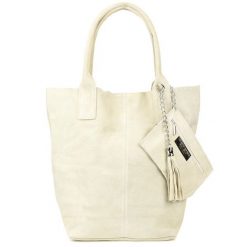 Worek skórzany VERA PELLE ecru L82. Szare torebki klasyczne z aplikacjami, z materiału, zamszowe, bez dodatków. Za 149.90 zł.