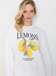 Bluza z nadrukiem cytryn - kremowy. Białe bluzy Sinsay, l, bez wzorów, bez kaptura. Za 39.99 zł.