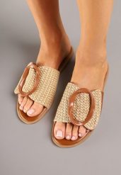 Brązowe Klapki Vices z Geometryczną Ozdobą Arrisaria. Brązowe klapki Born2be, z aplikacjami, eleganckie, bez obcasa, na płaskiej podeszwie, bez zapięcia. Za 69.99 zł.