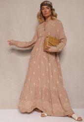 Jasnobeżowa Rozkloszowana Sukienka Ozdobiona Haftem i Wzorem Boho Ronavere. Brązowe sukienki Renee, na co dzień, l, bez wzorów, boho, bez kołnierzyka, bez ramiączek, maxi, kopertowe. W wyprzedaży za 151.99 zł.