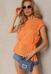 Pomarańczowy Top z Regulacją w Talii i Wiązaniem na Dole z Rozcięciem na Plecach Tiimaelin. Brązowe topy Renee, m, bez wzorów, z jeansu, eleganckie, bez kołnierzyka, bez ramiączek. W wyprzedaży za 55.99 zł.