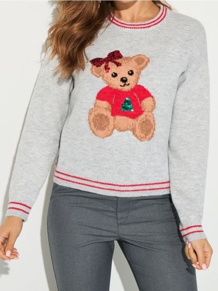 Sweter z motywem świątecznym z domieszką wełny - szary. Szare swetry Sinsay, l, bez wzorów, z wełny, wizytowe, bez ramiączek. Za 59.99 zł.