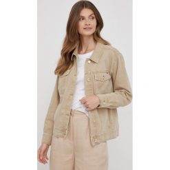 Tommy Hilfiger kurtka jeansowa damska kolor beżowy przejściowa oversize. Brązowe kurtki Tommy Hilfiger, bez wzorów, z jeansu, bez kaptura. Za 649.99 zł.