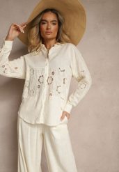 Jasnobeżowa Koszula Oversize z Lnem Zdobiona Ażurowymi Wstawkami Dannivra. Brązowe koszule Renee, m, z aplikacjami, biznesowe, bez kołnierzyka, bez ramiączek. W wyprzedaży za 99.99 zł.