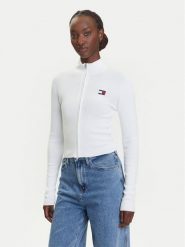 Tommy Jeans Kardigan DW0DW20967 Biały Slim Fit. Białe swetry Tommy Jeans, xs, bez wzorów, z jeansu, bez ramiączek. Za 429.99 zł.