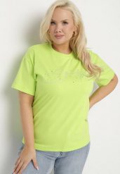 Jasnozielony Bawełniany T-shirt z Ozdobnym Napisem i Cyrkoniami Olisandra. Zielone t-shirty Born2be, plus size, z aplikacjami, z bawełny, klasyczne, bez kołnierzyka, bez ramiączek. Za 69.99 zł.