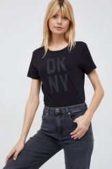 Dkny t-shirt damski kolor czarny. Czarne t-shirty DKNY, bez wzorów, bez kołnierzyka, bez ramiączek. W wyprzedaży za 159.99 zł.