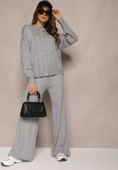 Szary Komplet z Dzianiny Oversizowa Bluza z Kapturem i Spodnie z Szerokimi Nogawkami Mathuva. Szare bluzy Renee, bez wzorów, z dzianiny, bez ramiączek, z kapturem. Za 139.99 zł.
