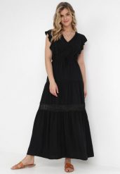 Czarna Sukienka Cileis. Czarne sukienki Born2be, m, bez wzorów, z koronki, bez kołnierzyka, bez ramiączek, maxi, rozkloszowane. Za 119.99 zł.