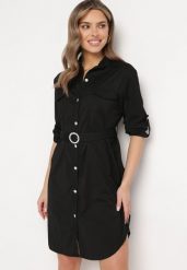 Czarna Sukienka o Koszulowym Fasonie z Paskiem z Cyrkoniami w Komplecie Iosali. Czarne sukienki Born2be, l, bez wzorów, eleganckie, bez kołnierzyka, bez ramiączek, midi, kopertowe. W wyprzedaży za 110.49 zł.