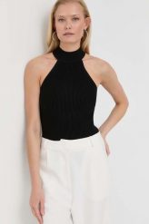 Guess top damski kolor czarny z półgolfem. Czarne topy Guess, l, z aplikacjami, z dzianiny, bez kołnierzyka, bez ramiączek. Za 339.99 zł.