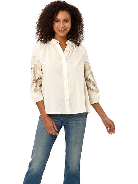 Heine Bluzka w kolorze kremowym rozmiar: 48. Brązowe bluzki Heine, bez wzorów, z bawełny, bez kołnierzyka, bez ramiączek. Za 56.79 zł.