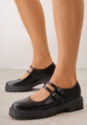 Czarne Półbuty Płaskie Chunky w Stylu Mary Jane z Dwoma Paseczkami Morelia. Czarne półbuty wsuwane Renee, bez wzorów, z jeansu, retro, bez obcasa, na płaskiej podeszwie. Za 79.99 zł.