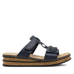Klapki Rieker. Niebieskie klapki Rieker, bez wzorów, bez obcasa, bez zapięcia. Za 289.99 zł.