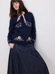 Bawełniany kardigan z haftem - granatowy. Niebieskie swetry Reserved, l, bez wzorów, z bawełny, bez ramiączek. Za 199.99 zł.