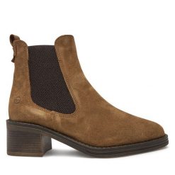 Botki Tamaris. Brązowe botki Tamaris, bez wzorów, bez obcasa, na słupku, bez zapięcia. Za 259.99 zł.