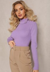 Fioletowy Golf z Prążkowanej Dzianiny z Nitami Itagi. Fioletowe swetry Renee, z aplikacjami, z dzianiny, bez ramiączek. W wyprzedaży za 63.99 zł.