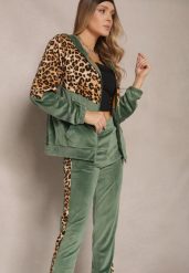Zielony Komplet Dresowy z Weluru z Panterką Bluza i Spodnie Koriviella. Zielone bluzy Renee, m, z aplikacjami, z dresówki, bez ramiączek, bez kaptura. W wyprzedaży za 71.99 zł.