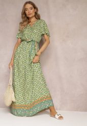 Zielona Sukienka Maxi z Paskiem i Gumką w Talii w Ornamentalny Wzór Calvim. Zielone sukienki Renee, l, bez wzorów, bez kołnierzyka, bez ramiączek, maxi. W wyprzedaży za 75.99 zł.
