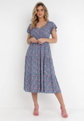 Niebieska Sukienka Helledeia. Niebieskie sukienki Born2be, s, z aplikacjami, bez kołnierzyka, bez ramiączek, midi. Za 109.99 zł.