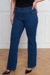 Jeansowe spodnie dzwony Julita z wysokim stanem PLUS SIZE XXL. Spódnice Nasi partnerzy, do pracy, plus size, bez wzorów, z bawełny, biznesowe, mini, dla puszystych. Za 199.90 zł.